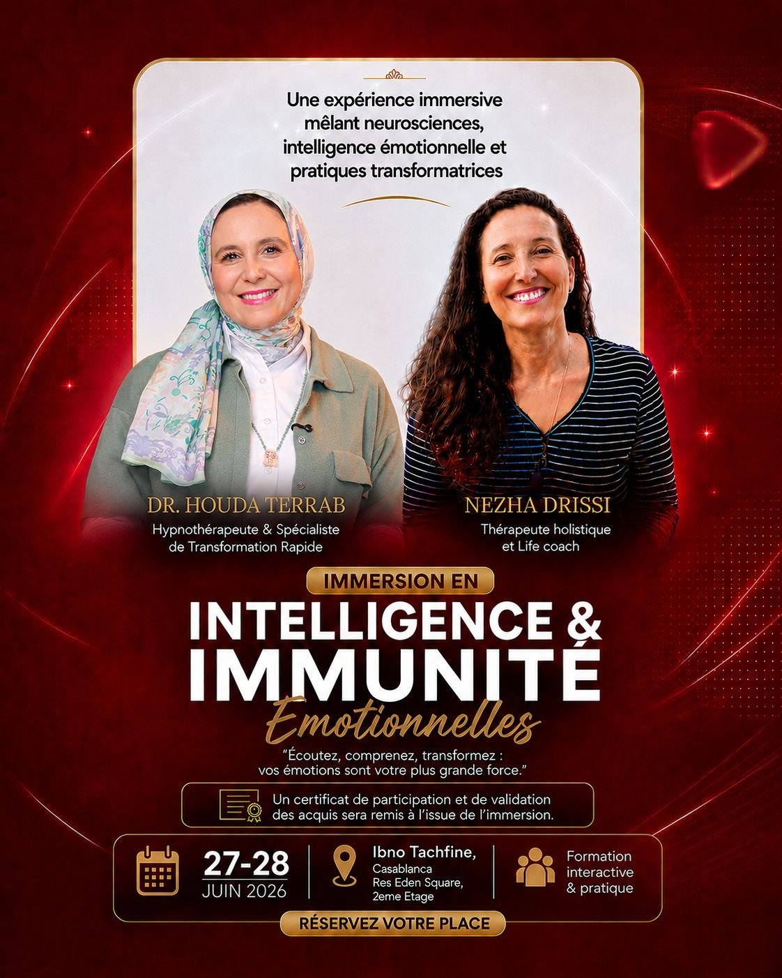 IMMERSION EN INTELLIGENCE & IMMUNITÉ ÉMOTIONNELLES Une approche pluridisciplinaire Découvrez les liens entre neurosciences, intelligence émotionnelle et pratiques transformatrices afin de mieux comprendre votre fonctionnement émotionnel, favoriser la libération de certains traumatismes émotionnels et développer de nouvelles ressources intérieures.